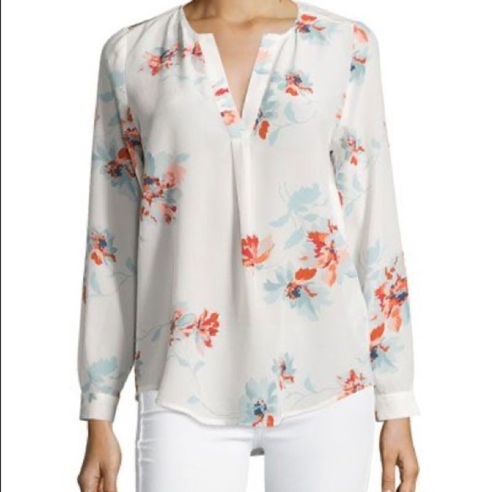 Joie Deon 100% Silk White V-neck Floral Top, Sz Small